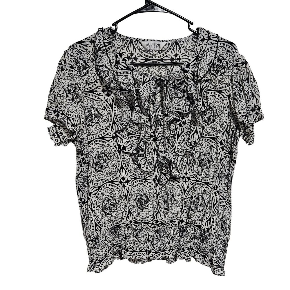 Allison Taylor Paisley Print Blouse Womens Size XL Black White Ruffle Tie Neck